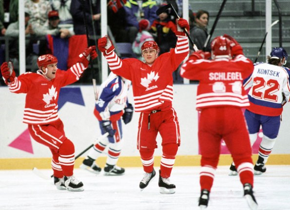 The Canadian Press Paul Kariya, centre, represented Canada the last time the country sent a squad of amateur players to the Olympics, bringing silver home from the 1994 Winter Games in Lillehammer, Norway. In those photo from way back then, Kariya is seen celebrating a goal with teammates Chris Kontos and Brad Schlegel. Kariya had just been selected fourth overall by the expansion Anaheim Ducks and the then-19-year-old was playing for the University of Maine when he was recruited to Team Canada. The full roster from 1994 can be found here: . With the NHL reportedly leaning towards not lending its players to future Olympics, Canada might need to ice a new-look roster as early as the 2018 Winter Games in Pyeongchang, South Korea.