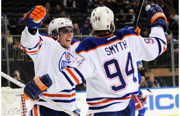 Maddie Meyer/Getty Images Edmonton Oilers forward David Perron, left, congratulates Ryan Smyth on opening the scoring against the New York Rangers during first-period NHL action in New York on Thursday. It was a vintage Smyth goal as the ageless wonder (who is actually turning 38 this month) went to the net and shovelled in a gift-wrapped rebound of Perron's shot. The Oilers went on to win 2-1.