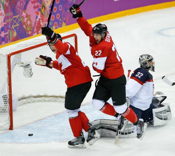 Matt Slocum/The Associated Press Team Canada forward Benn Jamie (22) celebrates his goal against USA goaltender Jonathan Quick during the second period of their men's hockey semifinal at the 2014 Winter Olympics in Sochi, Russia, on Friday. Benn's goal stood up as the winner in Canada's 1-0 victory over the archrival Americans. Canada will next face Sweden for gold on Sunday morning — early morning, as in 4 a.m. PT — while the U.S. is left to play for bronze on Saturday against Finland, which fell 2-1 to Sweden.
